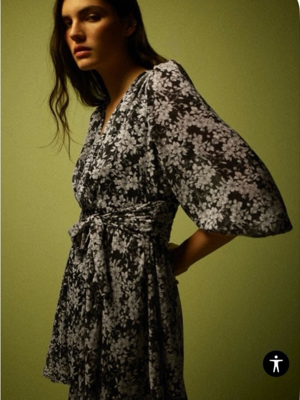 Zara Black Floral Tie-Waist Dress